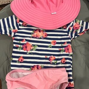 Ruffle Butts Navy Floral Striped Rashguard Set with Pink Hat